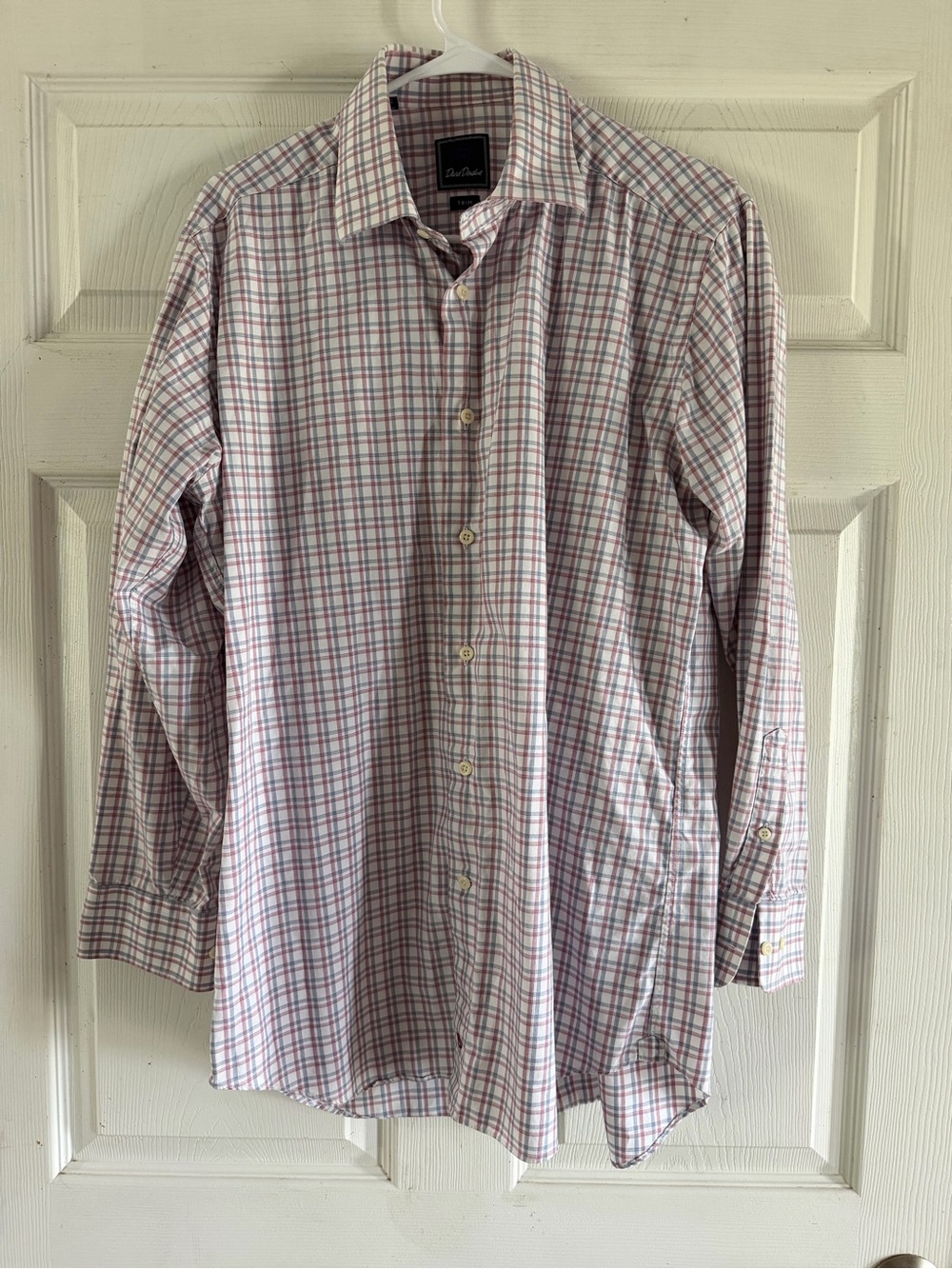 David Donahue Men's Pink and White Checked Dress Shirt
